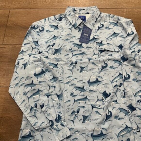 NEW Guy Harvey Fishing Shirt Men’s Size Large Powder Blue Marlin Fish Print LS - Picture 8 of 13